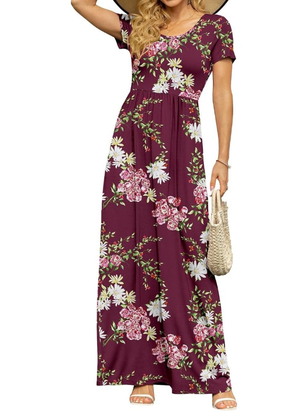 〽️Women's Burgundy Floral Summer Maxi Dress Short Sleeve Pockets Empire Waist